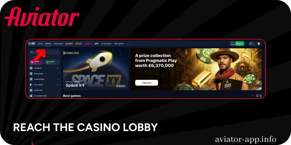 Navigate to the casino lobby to start playing Aviator demo
